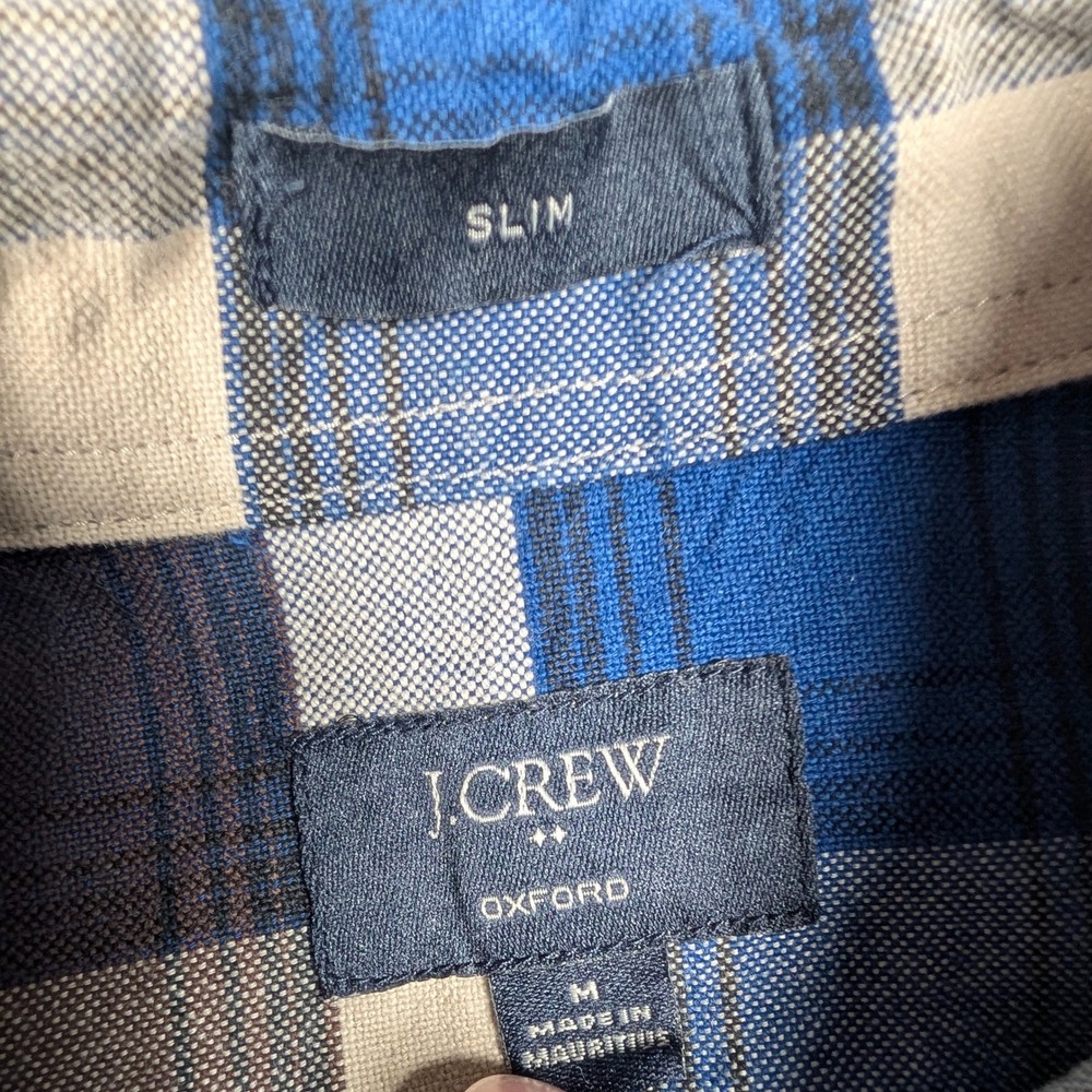 J Crew Oxford Shirt Mens Medium Blue Brown Plaid Slim Fit Long Sleeve Preppy - Picture 3 of 9